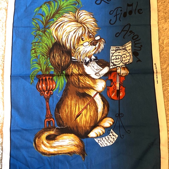 9686 Fabric Panel Vtg 1970’s Dog with Fiddle “Let’s Fiddle Around 22.5” x 29”. - Picture 4 of 11